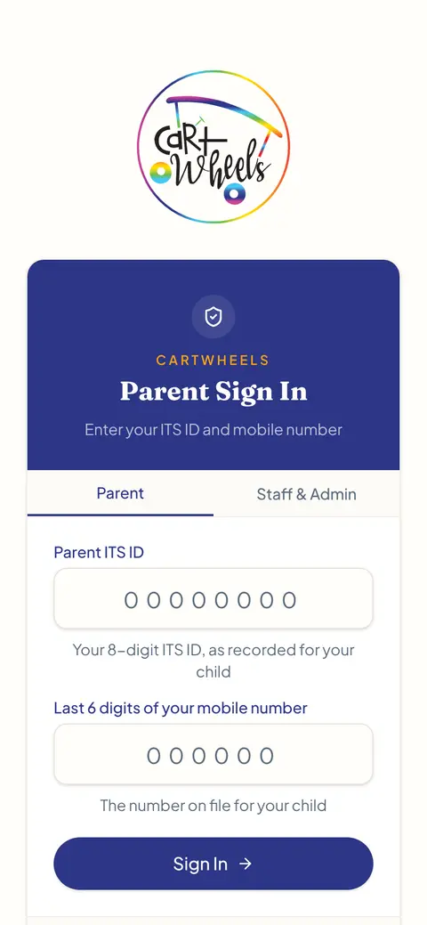 CartWheels Camp System on a phone